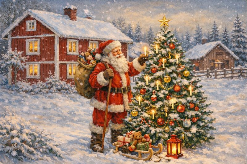 En vintrig gammaldags julbild med traditionell tomte, dekorerad julgran i trädgården mot en lantlig