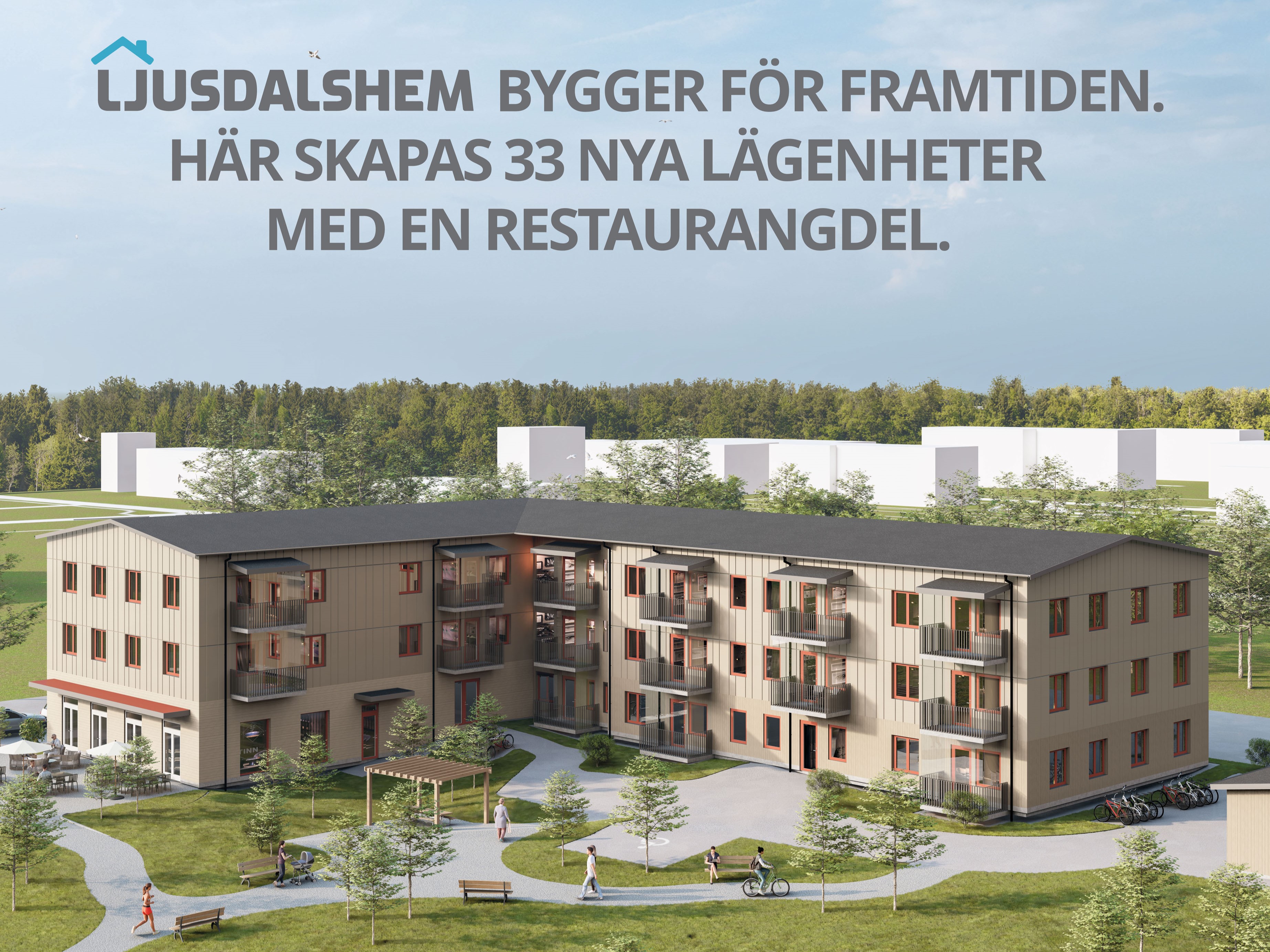 Här är en arkitektritning som visar hyreshus i tre plan. Det planerade bostadshuset är utformat med