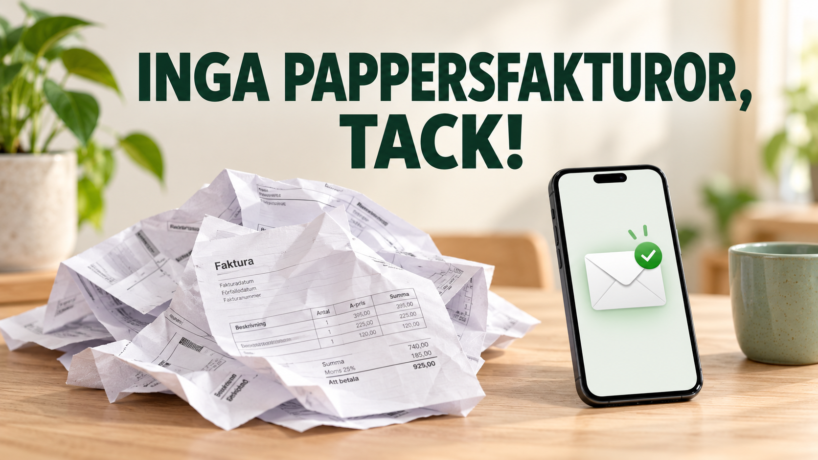 Skrynkliga fakturor, mobiltelelefon och texten Inga fakturor, tack.