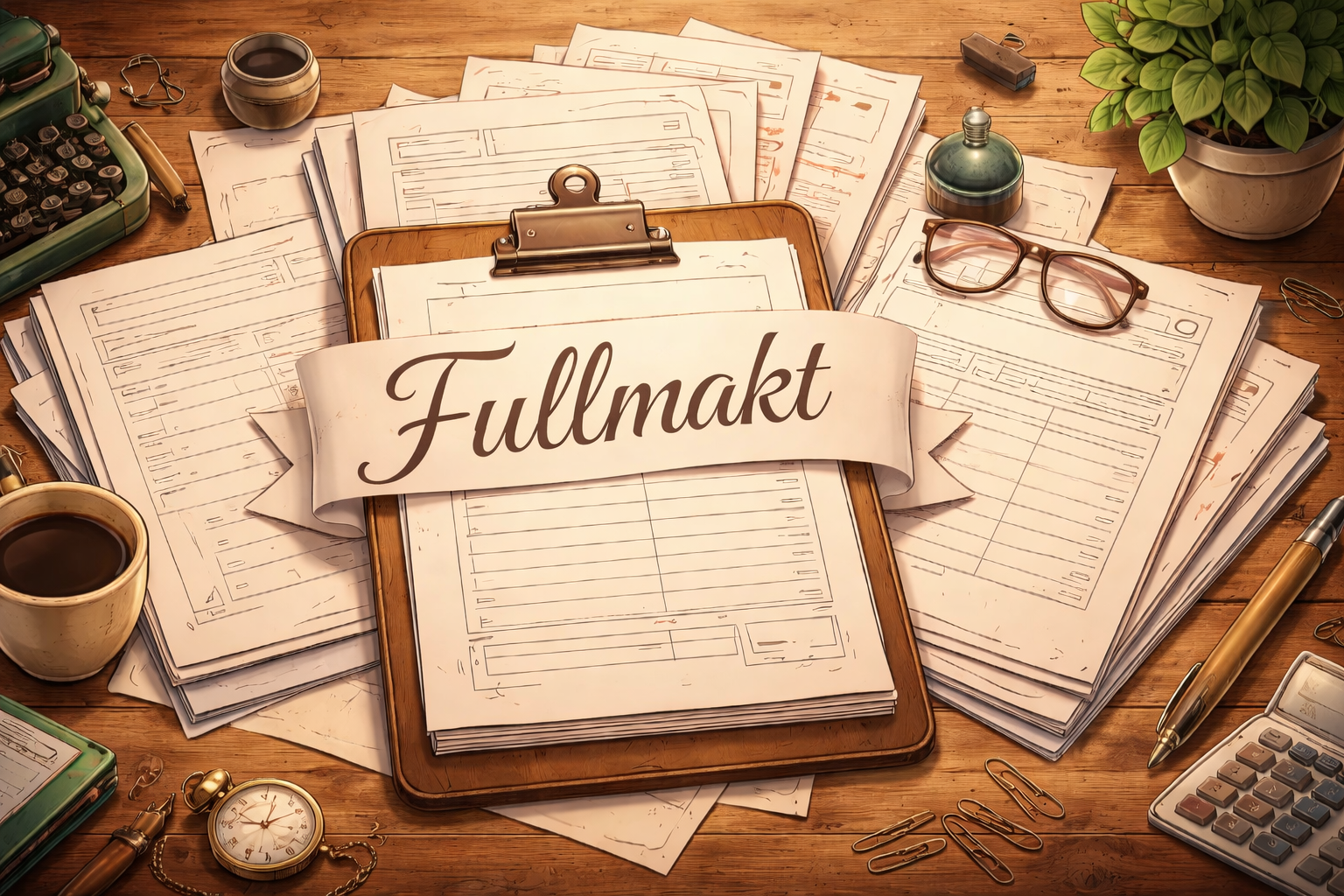 Kontorsmaterial och blanketter på träbord