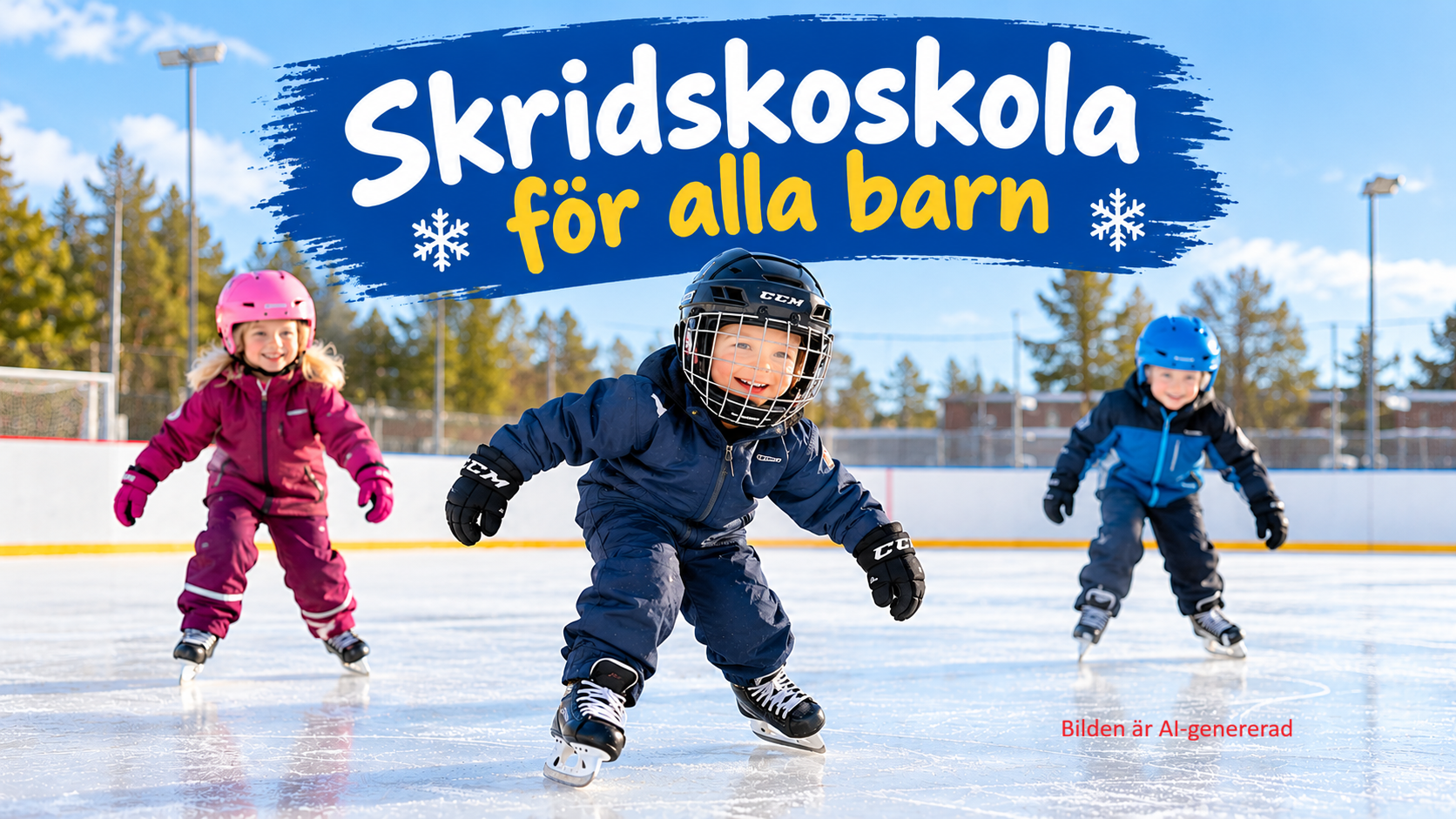 AI-animerad bild med tre små barn som provar på att äka skridskor